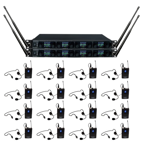 PROFESSIONAL DIGITAL UHF PLL WIRELESS MIC SYSTEM WITH SIXTEEN HEADSET VOCAL MICROPHONES